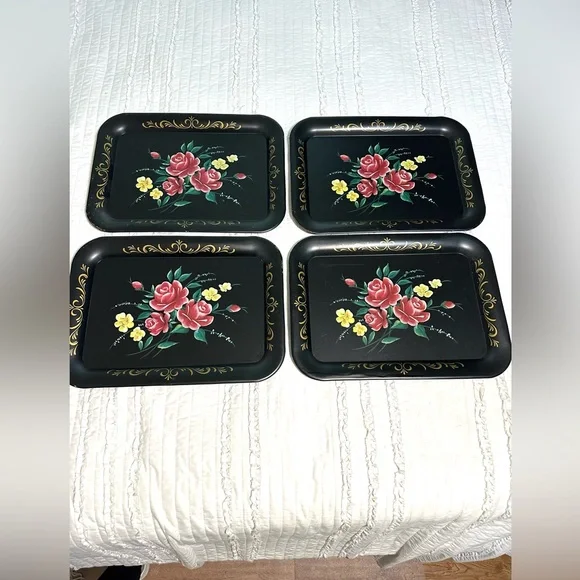 Vintage Black Floral Decorative Serving trays Toleware Plates Flowers 17 X 13 In - Picture 1 of 10
